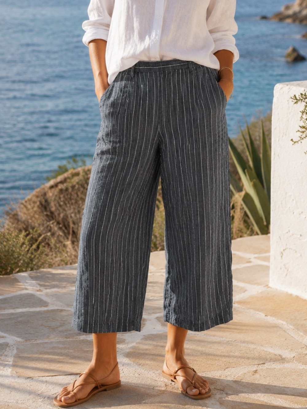 Eileen Fisher Organic Linen Wide Leg Crop Pant Pull On High Rise Pinstripe Sz XL